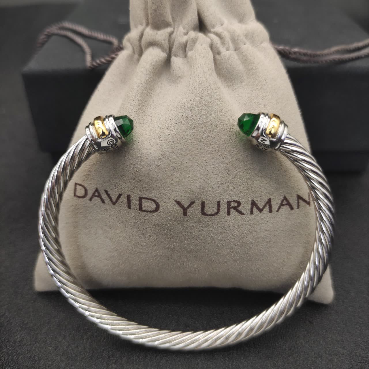 David Yurman Silver Cable Wire Bangle with Emerald Beads